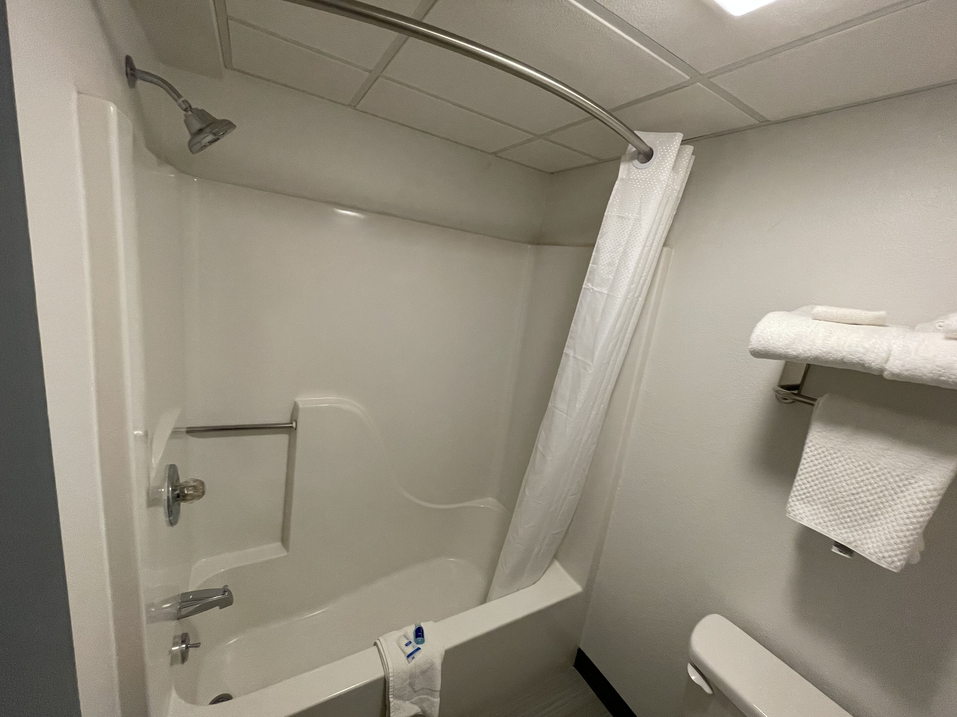 combined shower/bathtub, free toiletries, hair dryer, towels