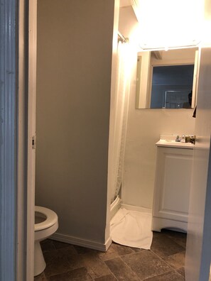 A bathroom with a toilet, a sink, and a mirror. - Atlantic Breeze Inn (Old Orchard Beach)