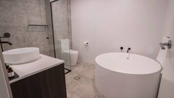 Un baño moderno con un lavabo ovalado grande, un inodoro separado y un box de ducha de vidrio.