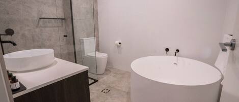 Un baño moderno con un lavabo ovalado grande, un inodoro separado y un box de ducha de vidrio.