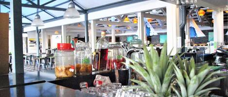 A bar area with a glass counter, various drink dispensers, and a potted plant.