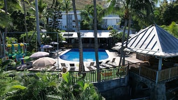 Outdoor pool, pool umbrellas, pool loungers
