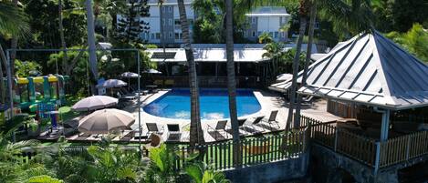 Outdoor pool, pool umbrellas, pool loungers