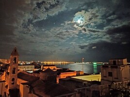 Un paisaje urbano nocturno con una torre destacada y un puente en la distancia.