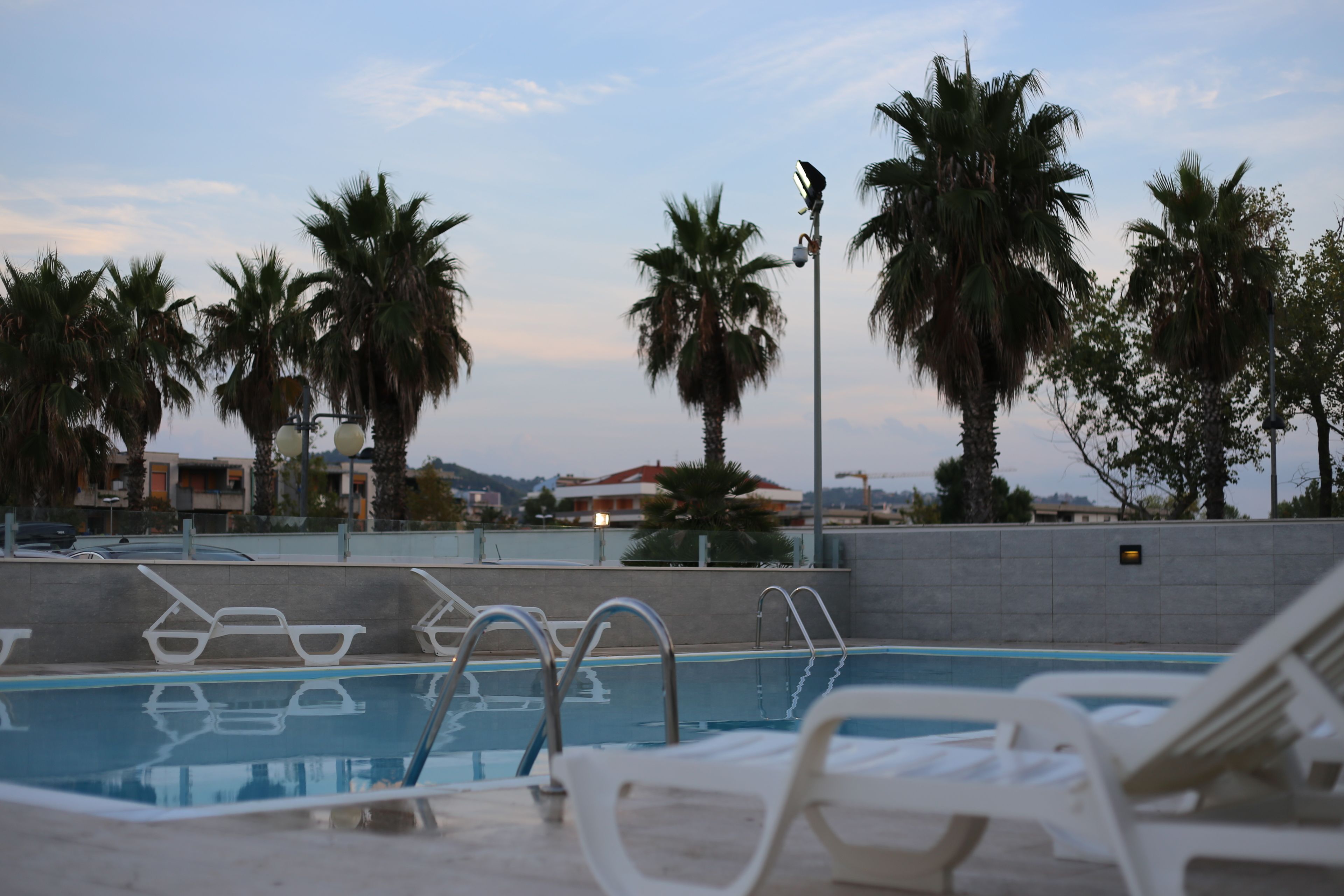 A swimming pool with lounge chairs and palm trees.