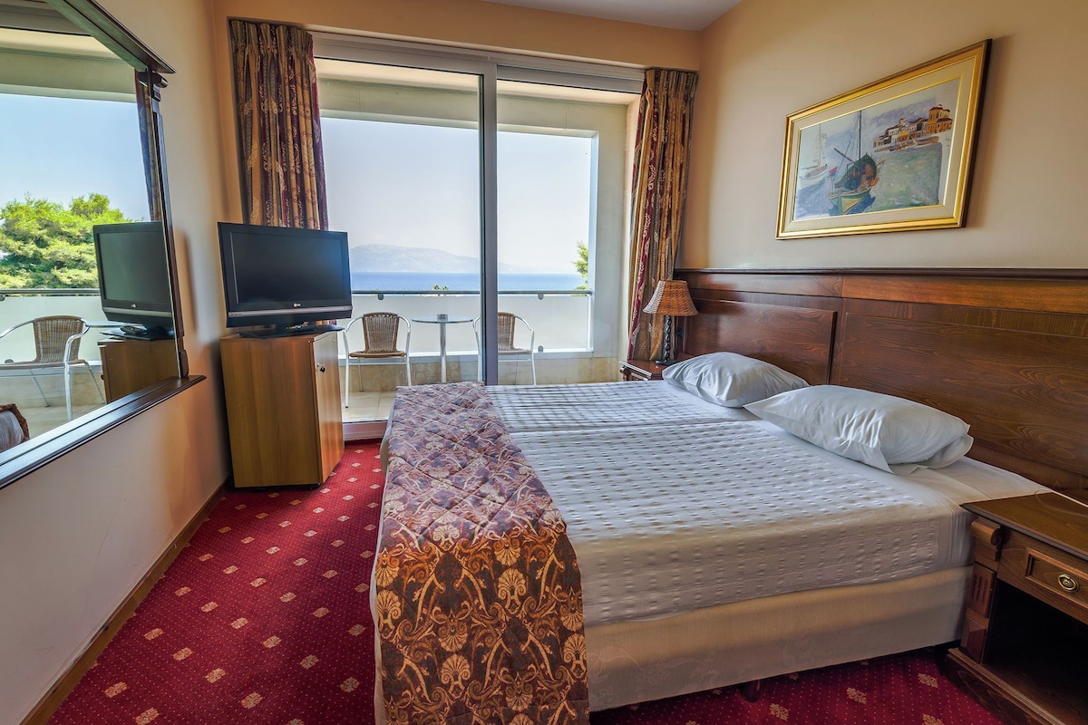 A hotel room with a bed, a TV on a cabinet, a painting on the wall, and a view of the sea through the window.