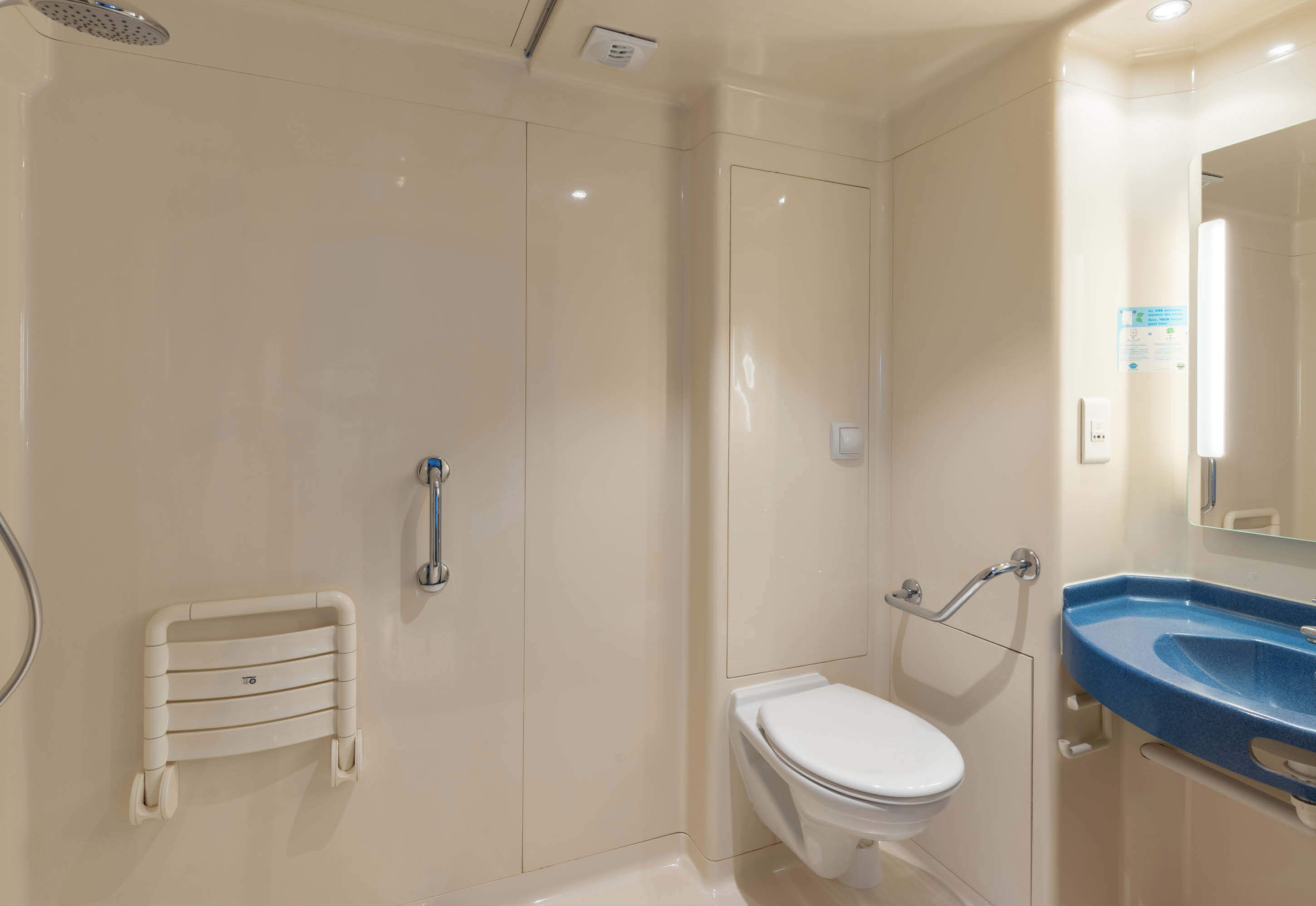 A modern bathroom with a walk-in shower, a toilet, and a sink with a mirror.