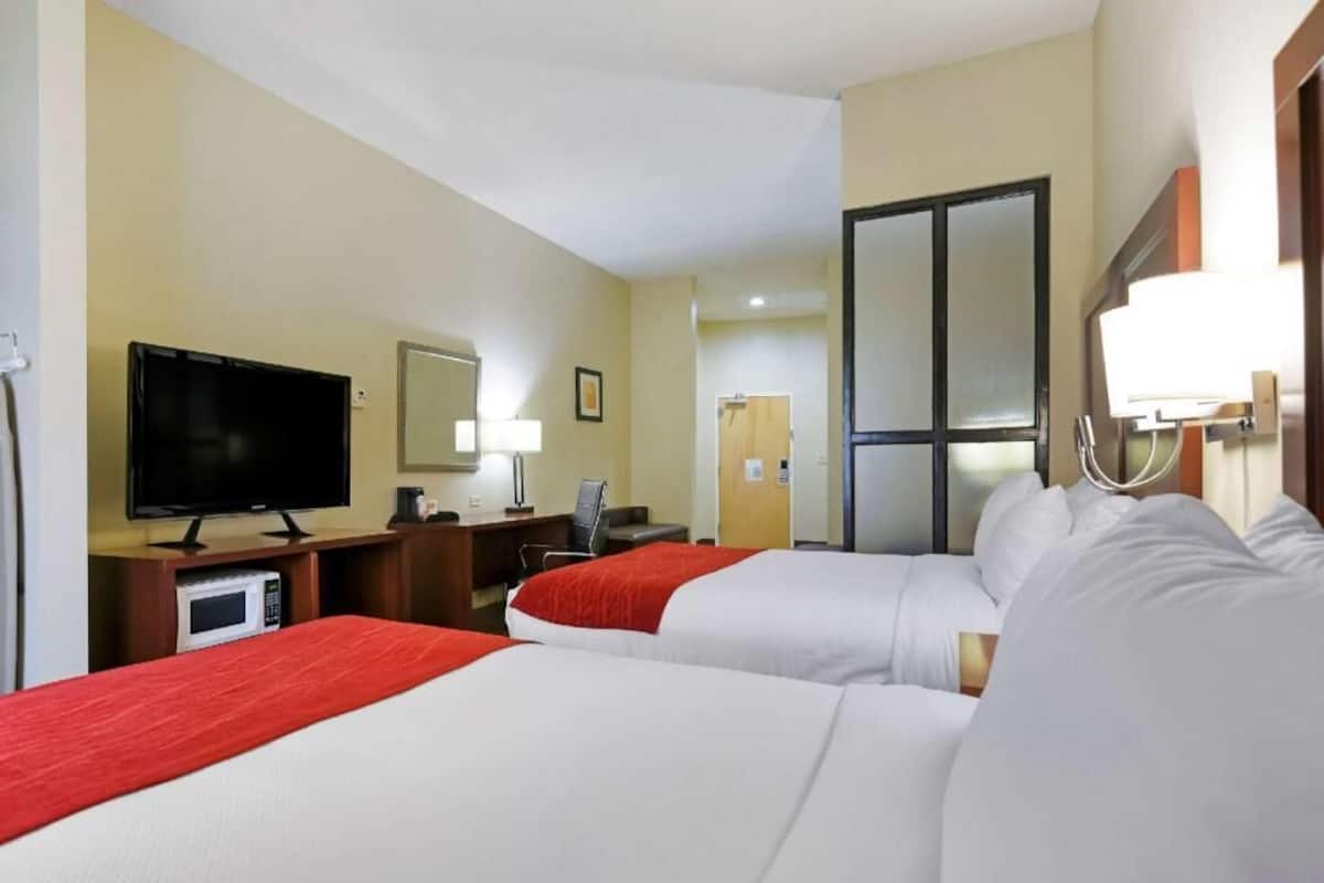 Une chambre d’hôtel avec deux lits, une télévision, un bureau avec une chaise, un four à micro-ondes et un grand miroir.