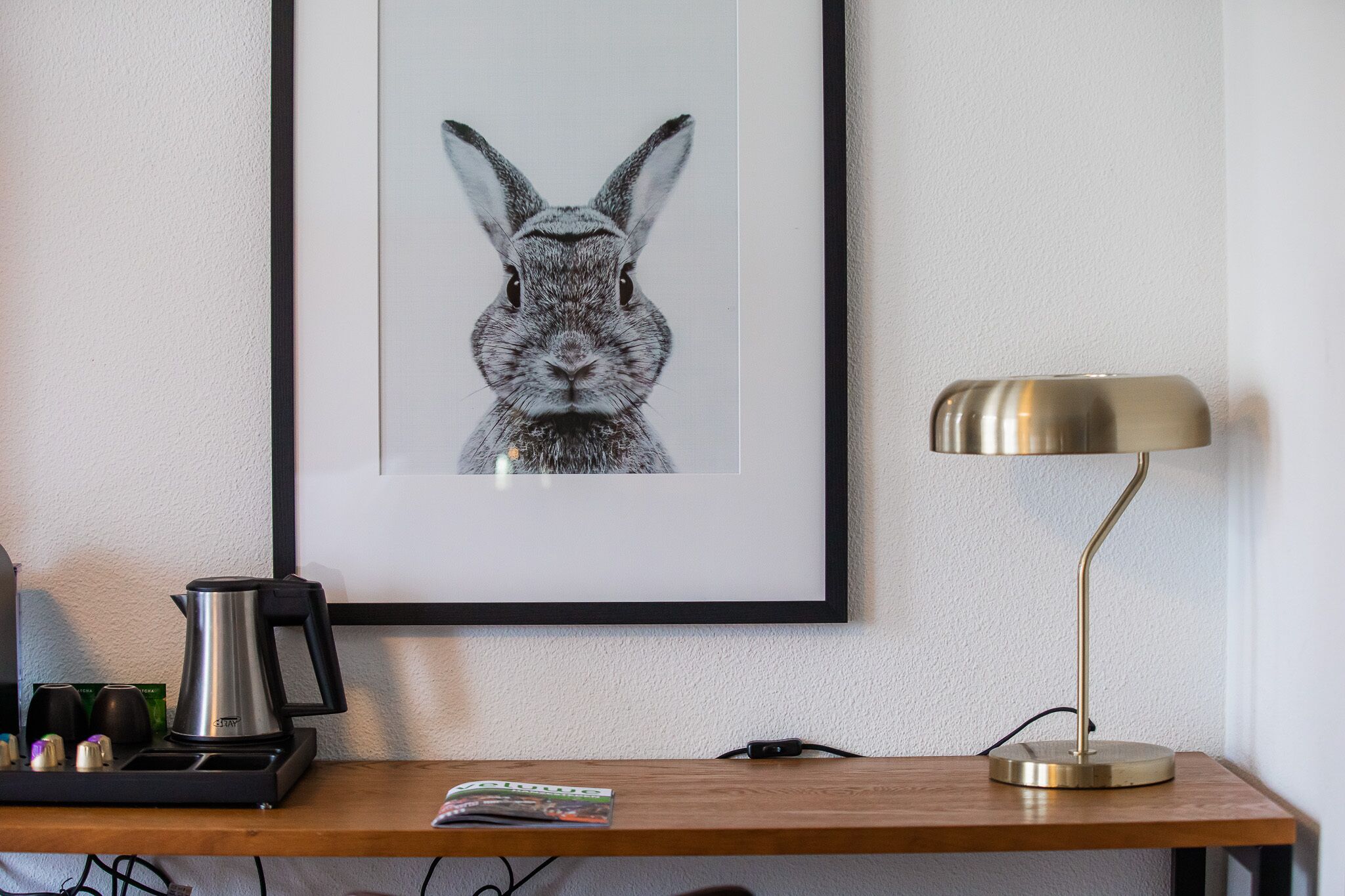 A framed rabbit artwork on a wall, a coffee maker, and a lamp on a desk.
