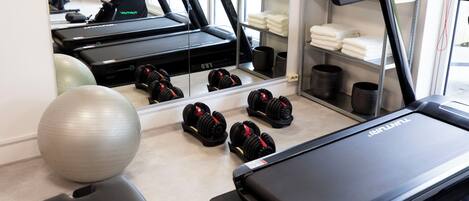 A gym with treadmills, dumbbells, and exercise balls.