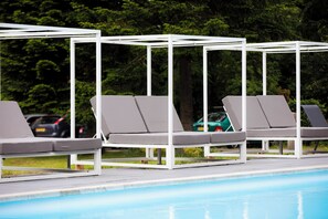 Outdoor pool, pool umbrellas, pool loungers