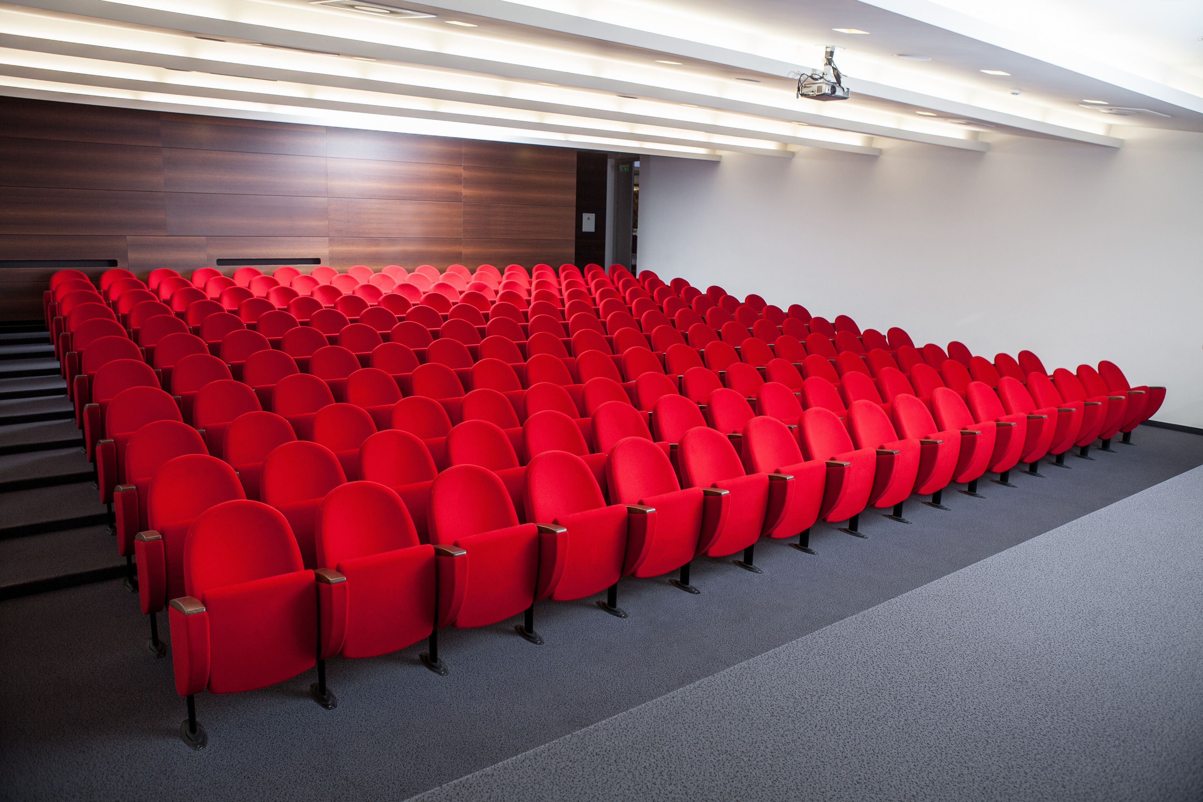 Una hilera de sillas rojas en un auditorio moderno con alfombra gris y paneles de madera.