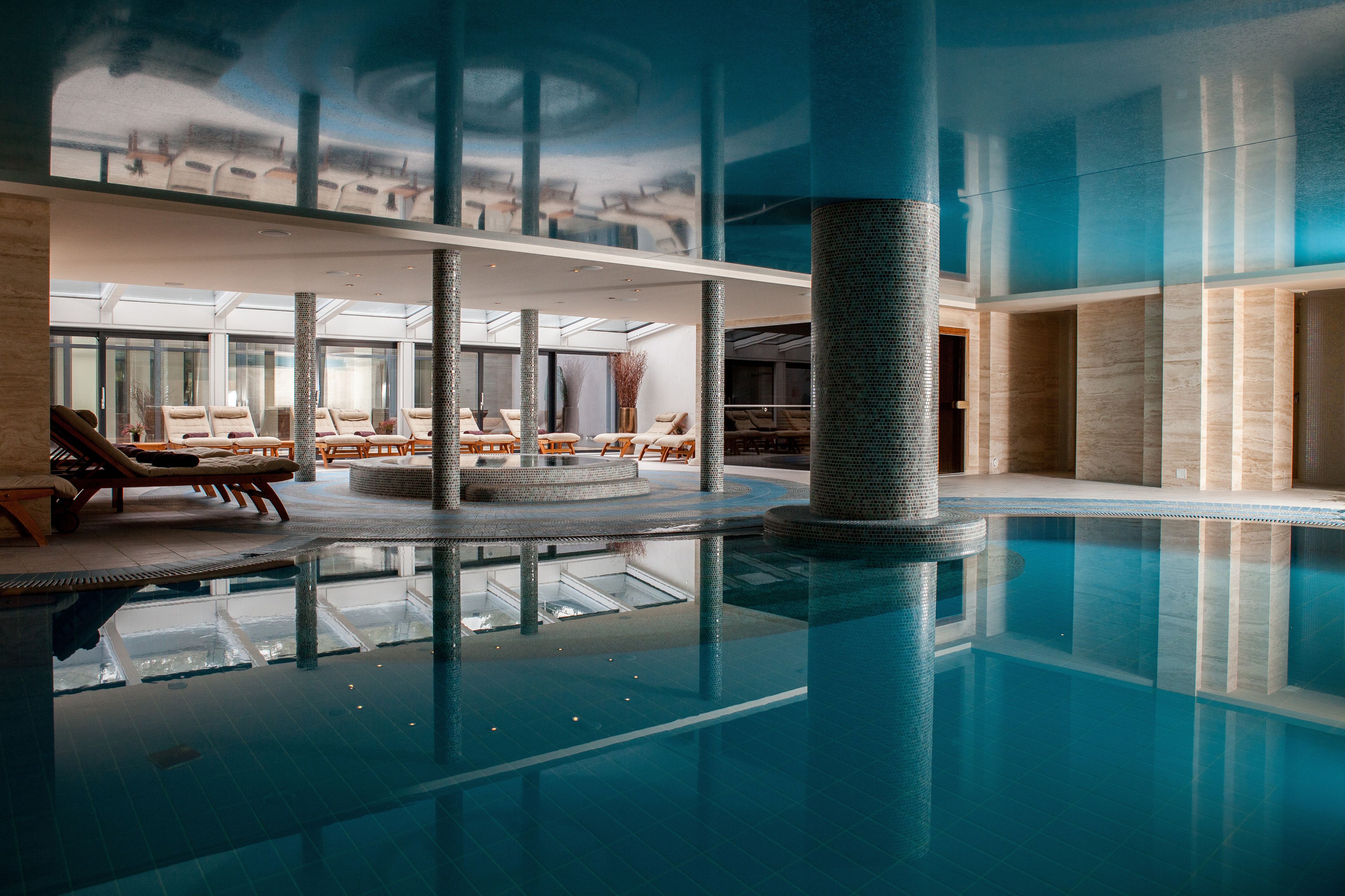 2 indoor pools, seasonal outdoor pool, pool loungers