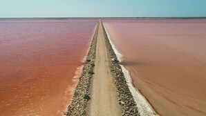 A straight road through a salt flat with a clear sky. - Le Mas De Peint (Arles)