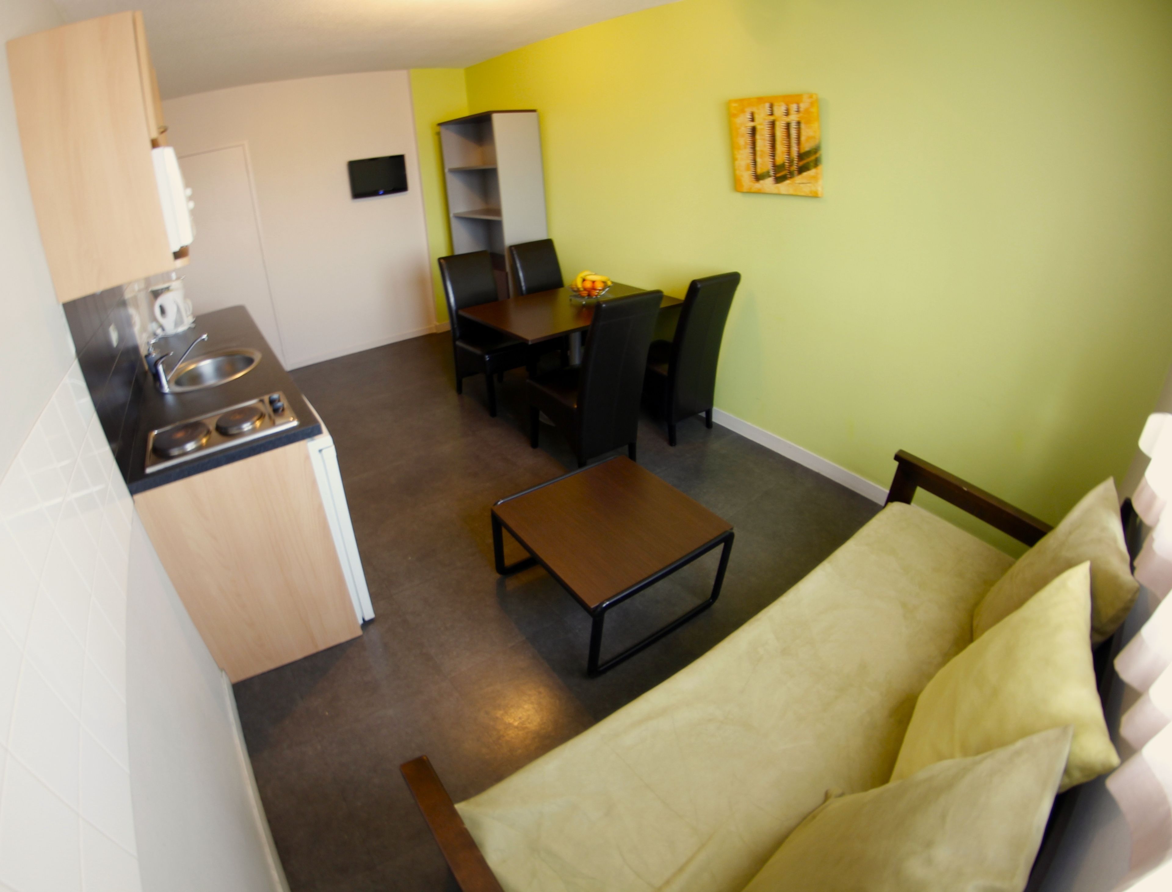 A compact living space with a kitchenette, a dining area, and a sofa.