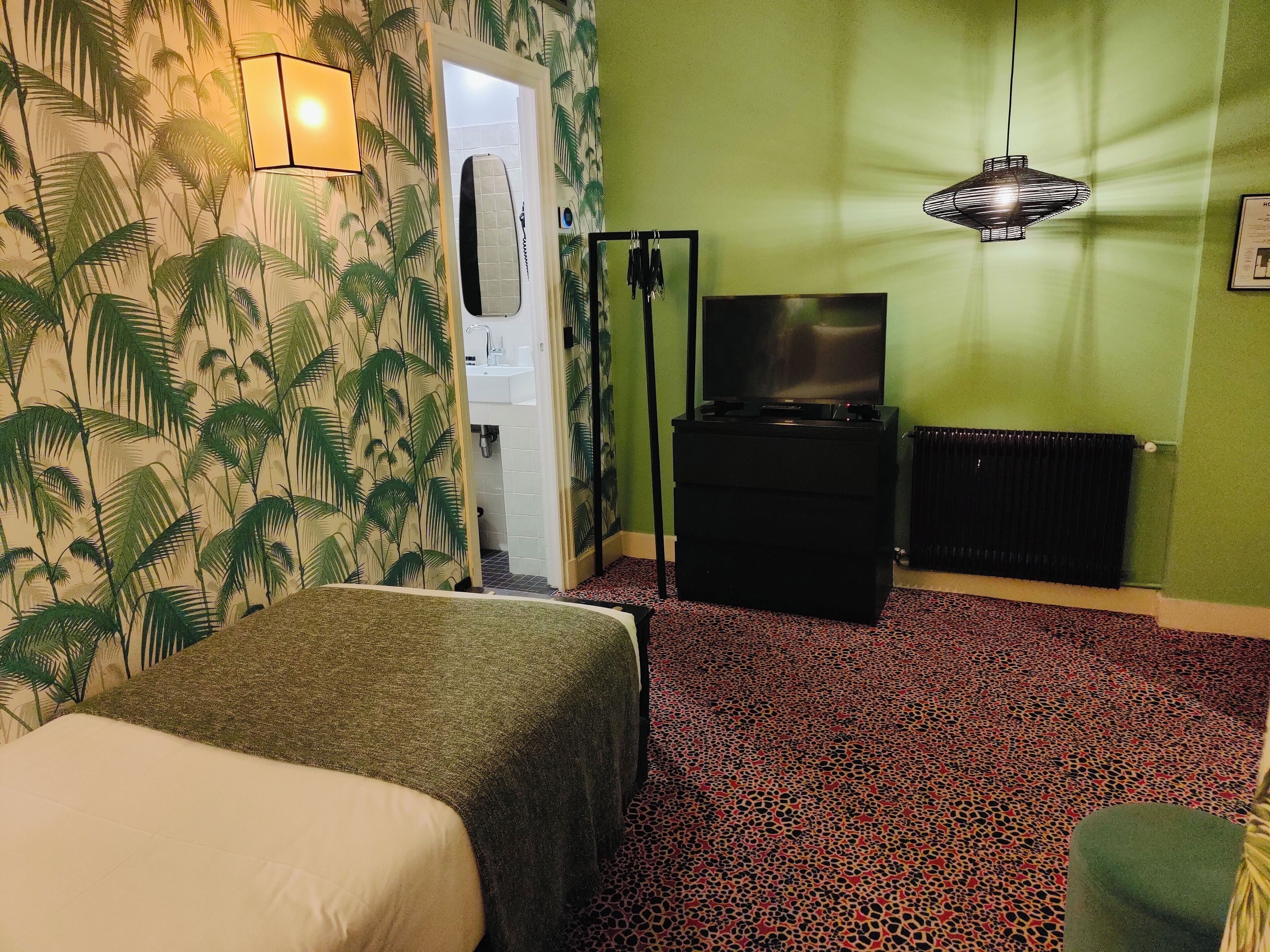 Una habitació amb un llit, televisió, radiador i una catifes amb disseny.