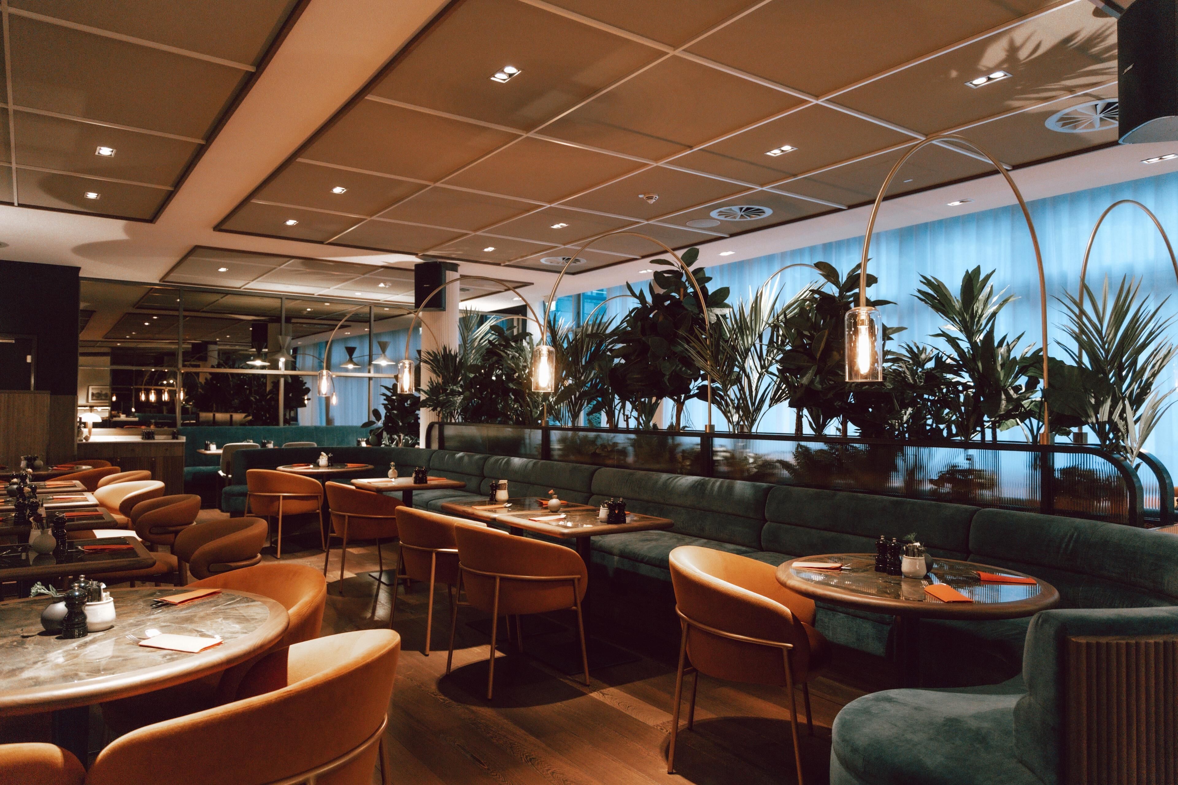A restaurant with booths, tables, and chairs, featuring a ceiling with recessed lighting and large windows with plants.