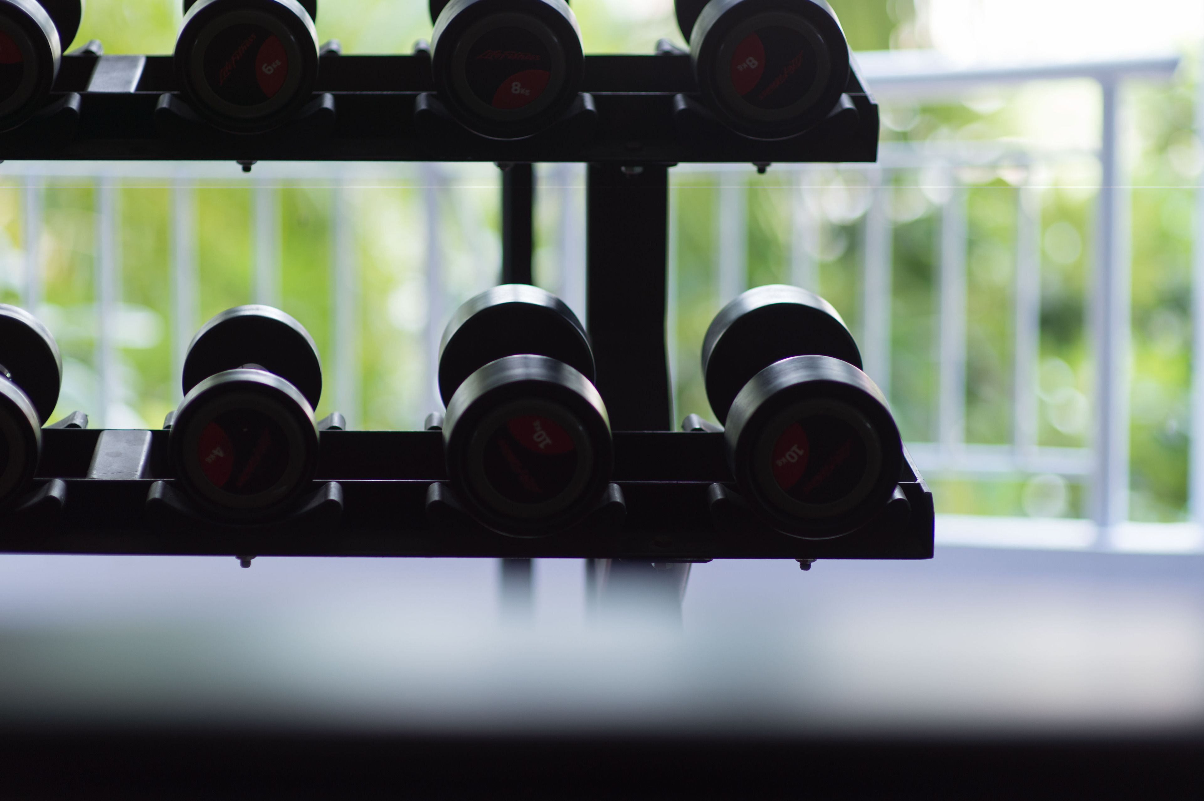 A rack of dumbbells with weights.
