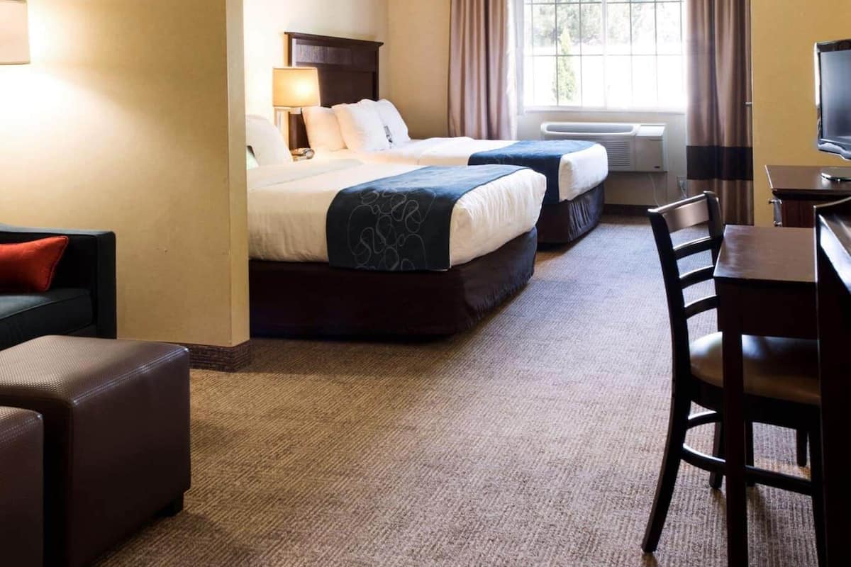 A hotel room with two beds, a desk, a chair, a TV, and a window with curtains.