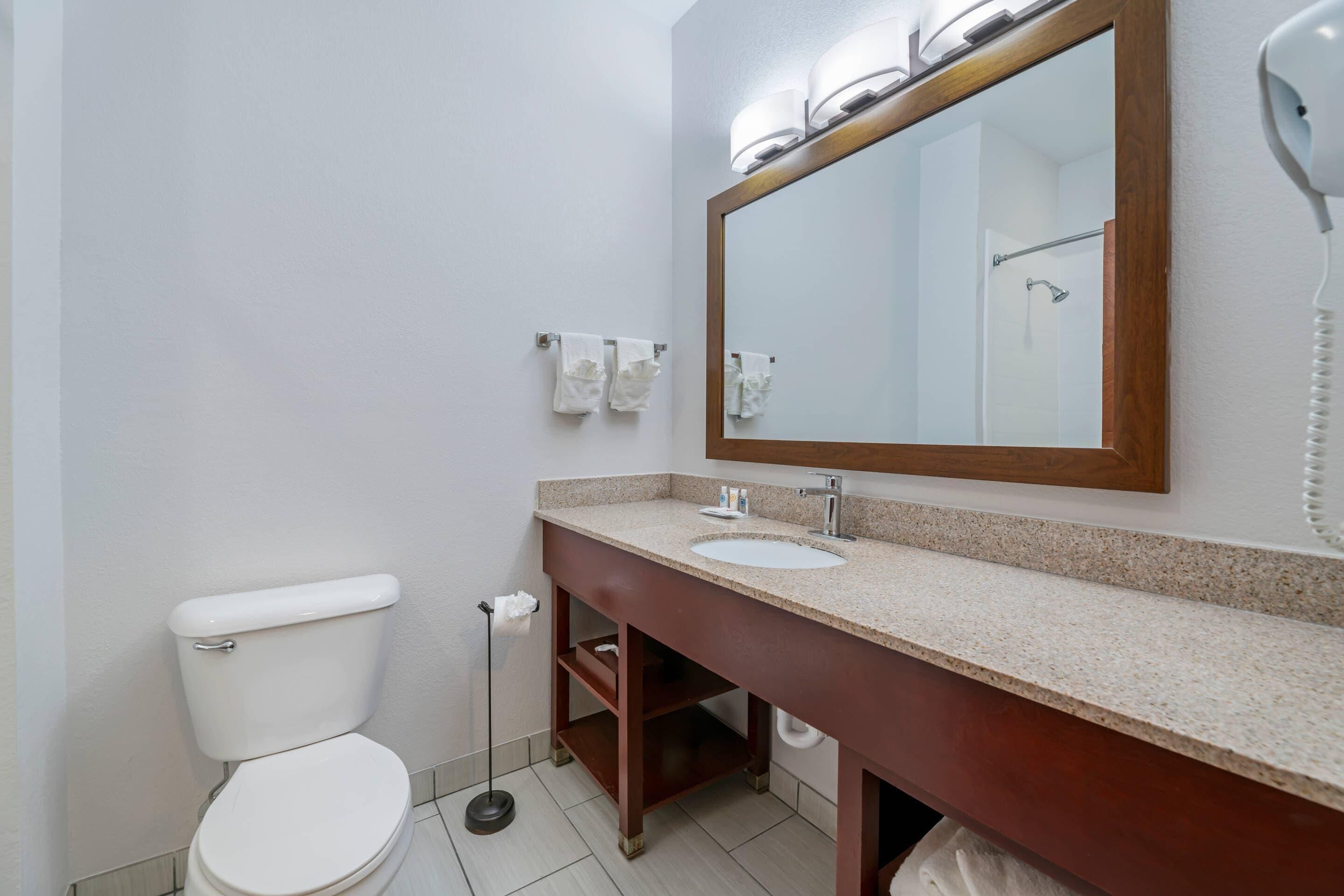 Une salle de bain avec des toilettes blanches, un lavabo surmonté d’un miroir et un sèche-cheveux fixé au mur.