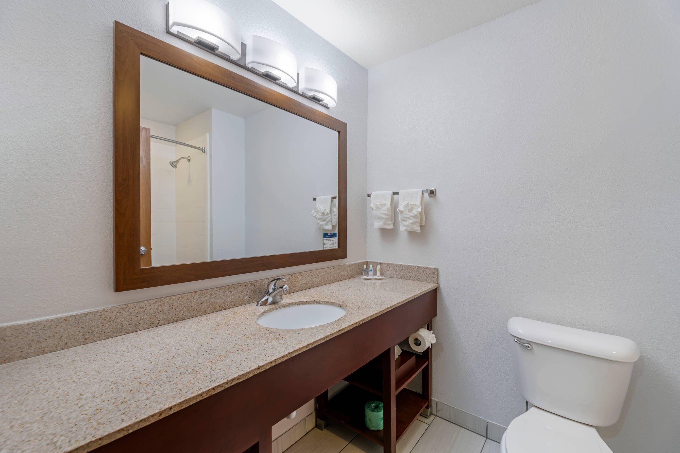 A bathroom with a wooden-framed mirror, a sink, and a toilet.