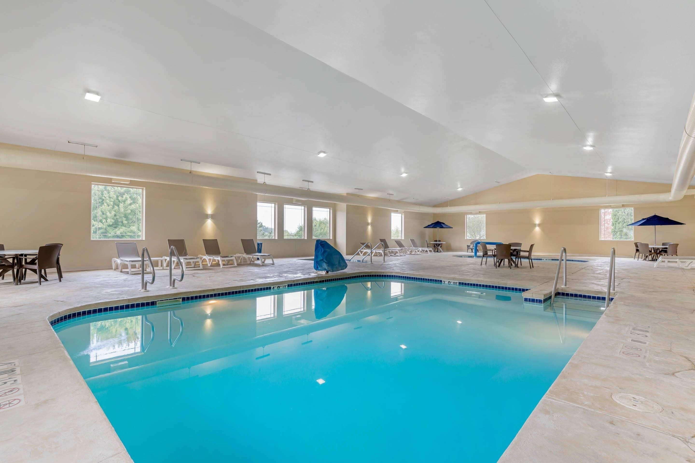 Indoor pool, open 8:00 AM to 9:00 PM, sun loungers