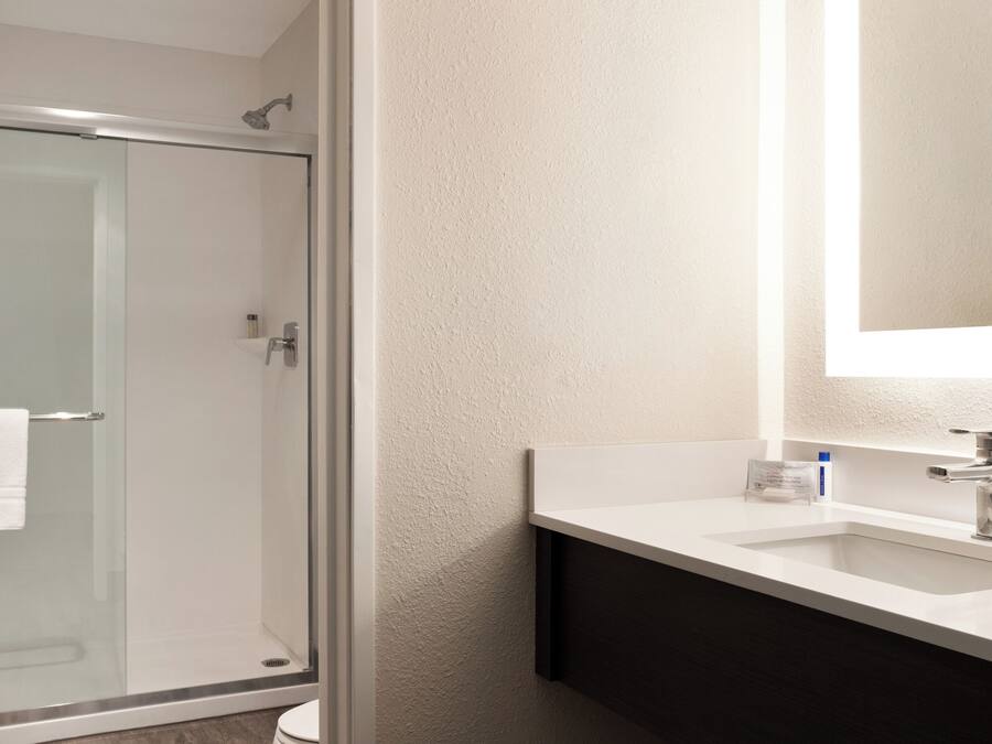A bathroom with a glass shower enclosure, a white sink, and a mirror.