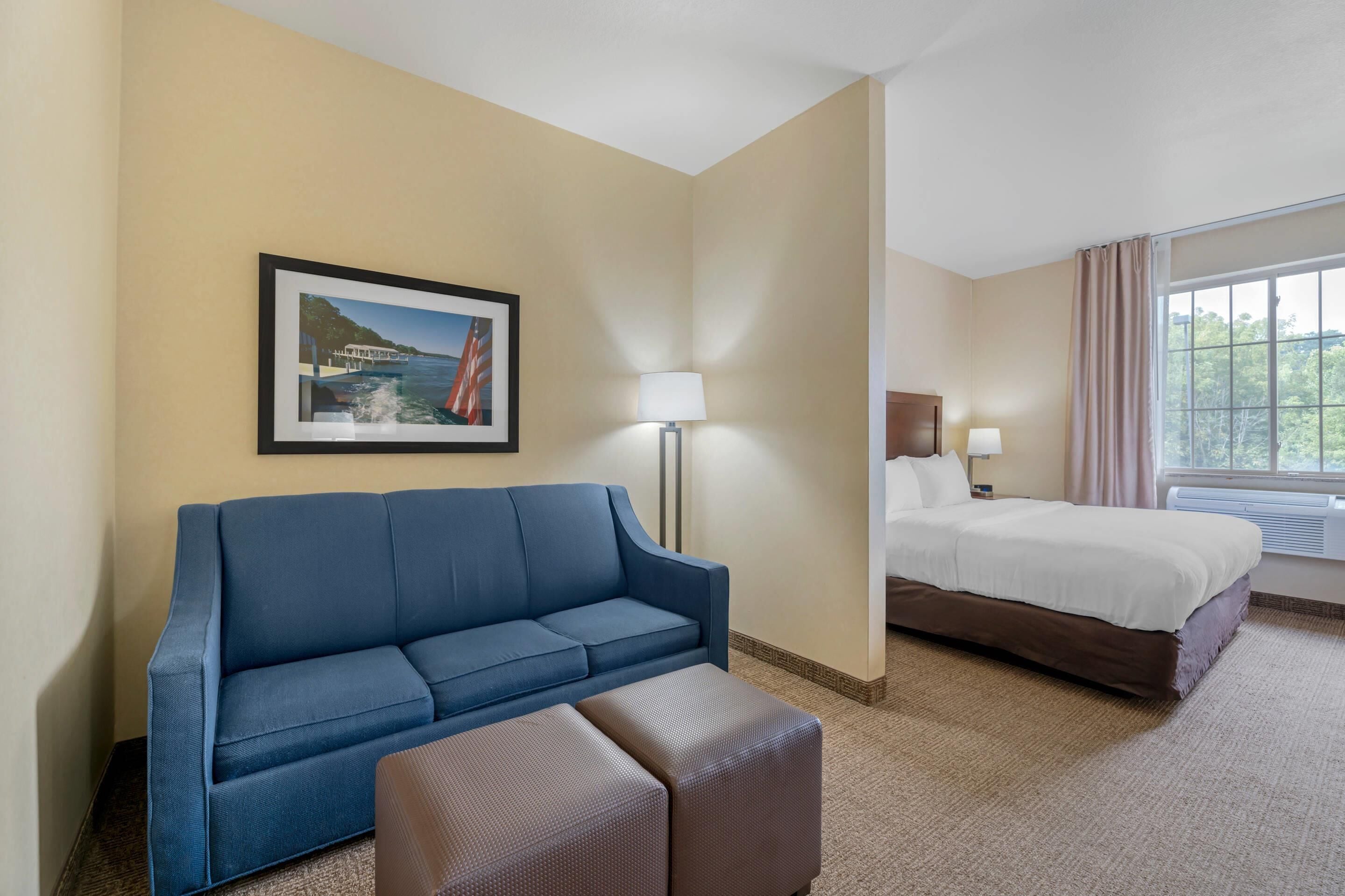 Une chambre d’hôtel avec un canapé bleu, un lit, un tableau encadré au mur et une fenêtre avec des rideaux.
