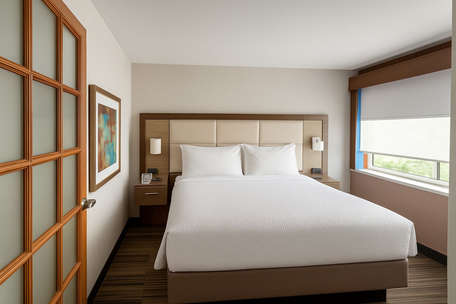 Camera d'albergo con un letto grande, un comodino, una lampada a parete e una finestra con vista.
