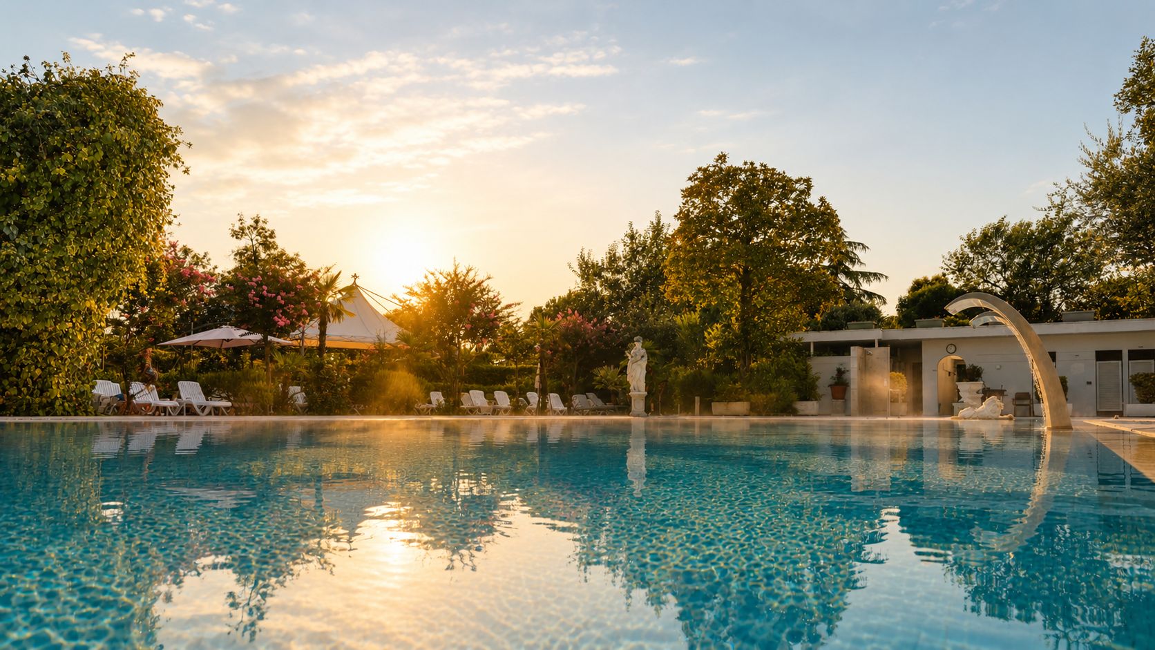 Une piscine dotée de chaises longues et ornée d’une statue, entourée d’arbres et bordée d’un bâtiment à l’architecture incurvée.