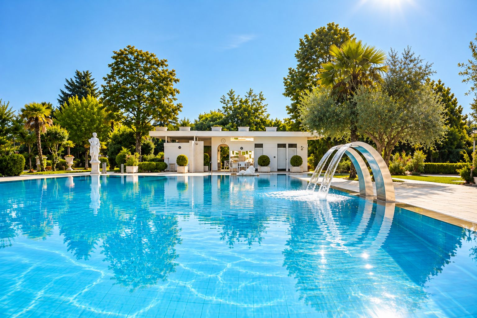 Una piscina con fuente de agua, rodeada de vegetación y un edificio con zona cubierta.
