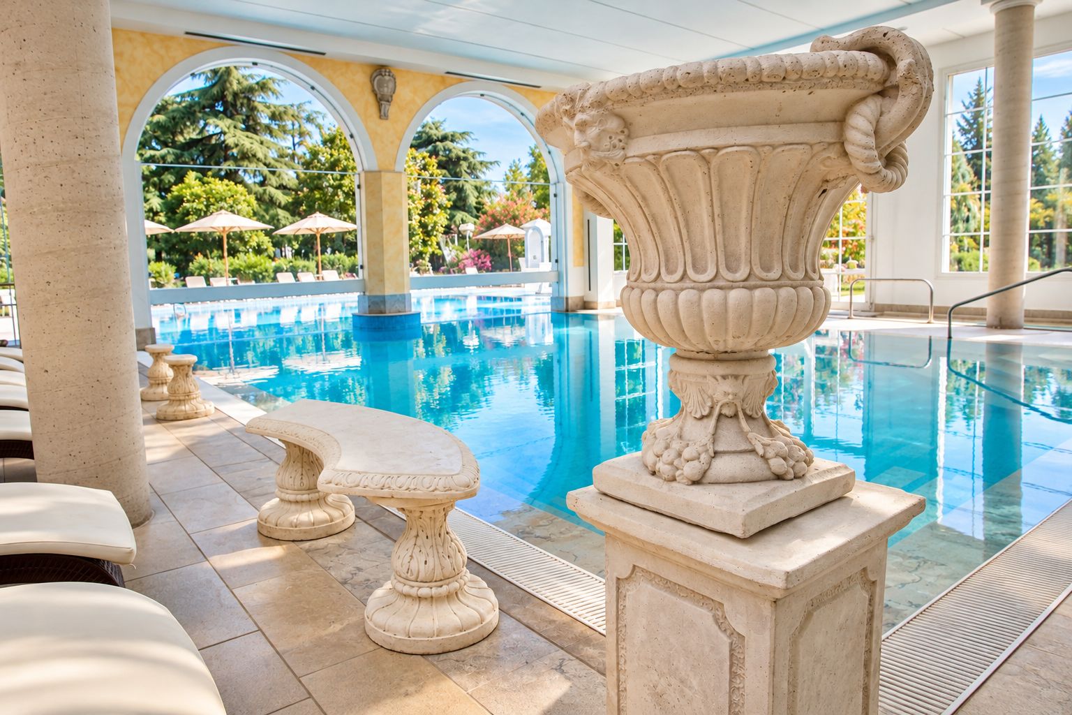 A pool area with stone columns and a large urn centerpiece.
