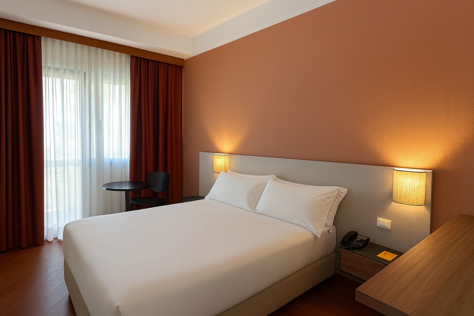 Una habitación de hotel con una cama grande, dos lámparas de noche, una mesita y una silla.