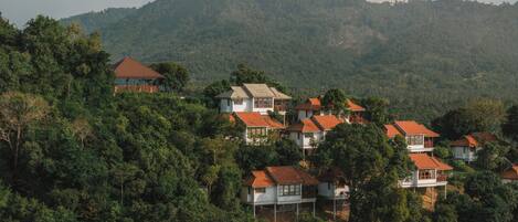 A hillside residential area with houses, some with balconies, surrounded by dense greenery and a mountain in the background.