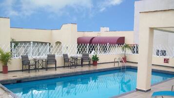 Outdoor pool, open 8:30 AM to 8:00 PM, sun loungers