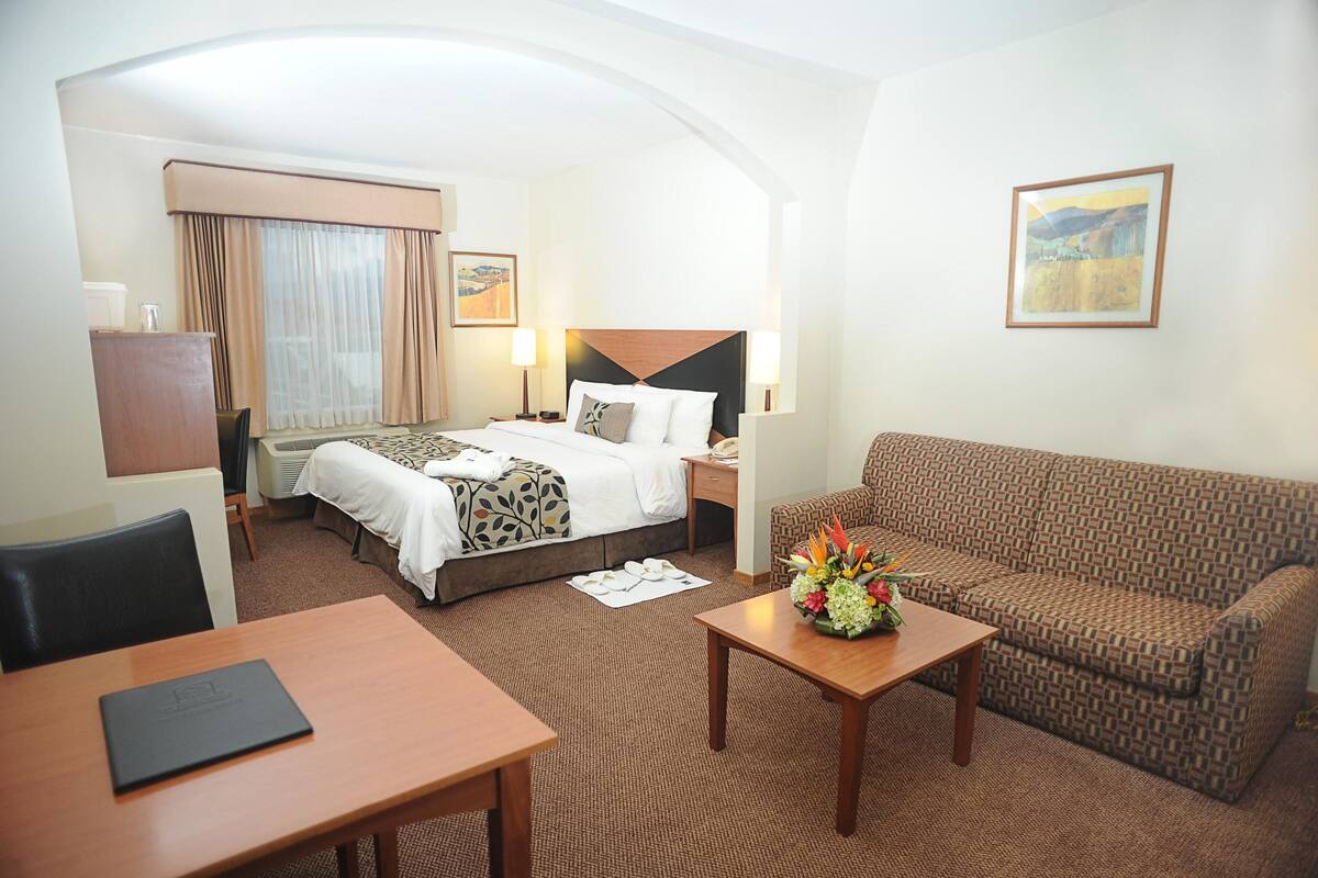 A hotel room with a bed, a sofa, a table with a flower vase, a desk, and a chair.