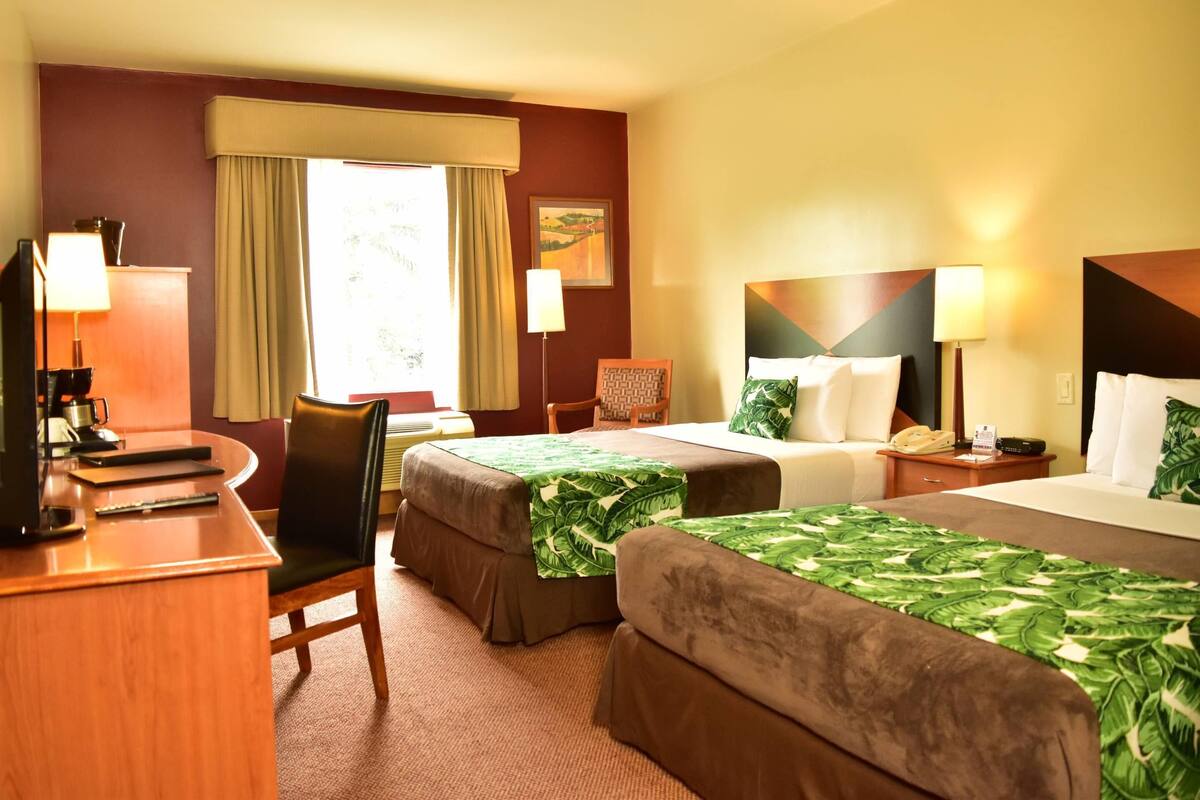 A hotel room with two beds, a desk, a chair, a TV, and a window with curtains.