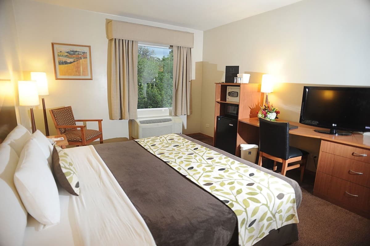 A hotel room with a bed, desk, chair, television, and a window with curtains.