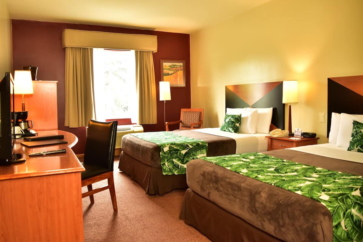 A hotel room with two beds, a desk, a chair, a television, and a window with curtains.
