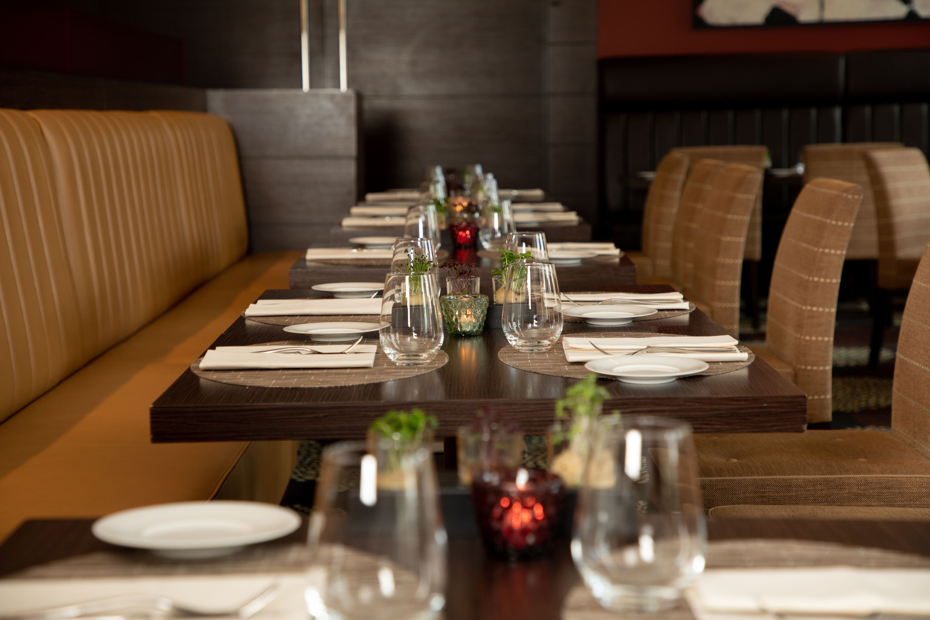 Un restaurant doté d’une longue table à manger, préparée pour le repas, agrémentée de sièges confortables et présentant un aménagement intérieur moderne.