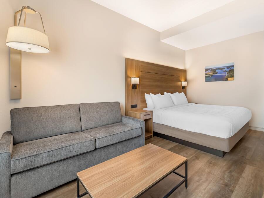 Habitación de hotel con una cama, un sofá gris, una mesa de madera, una mesita de noche y una lámpara de pared.