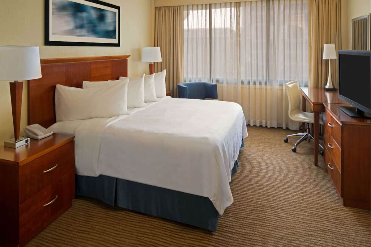 A hotel room with a large bed, a desk with a television, a chair, and a desk lamp.