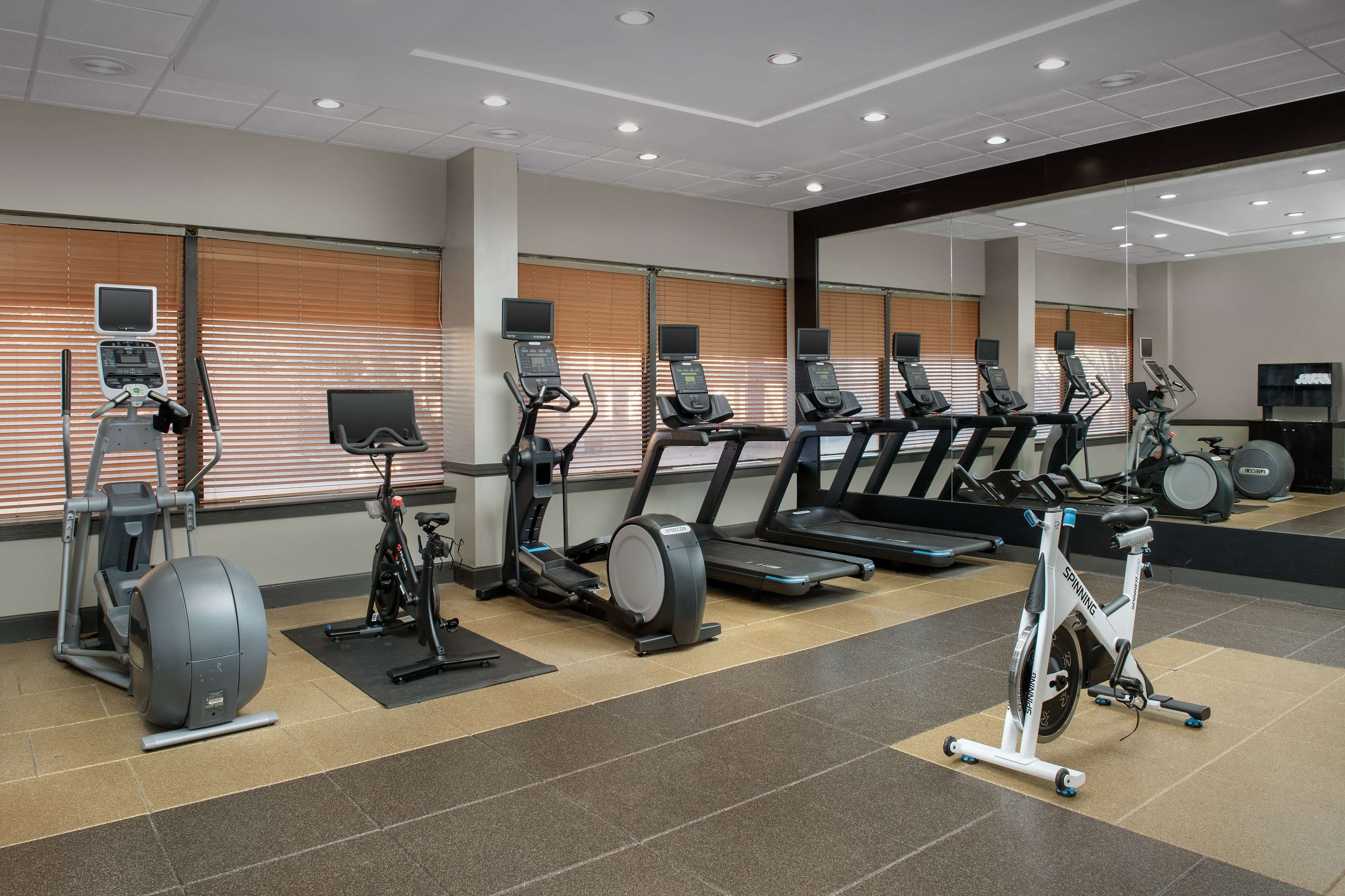 A gym with various exercise machines, including treadmills and elliptical trainers, arranged in a spacious layout with large windows and a mirrored wall.