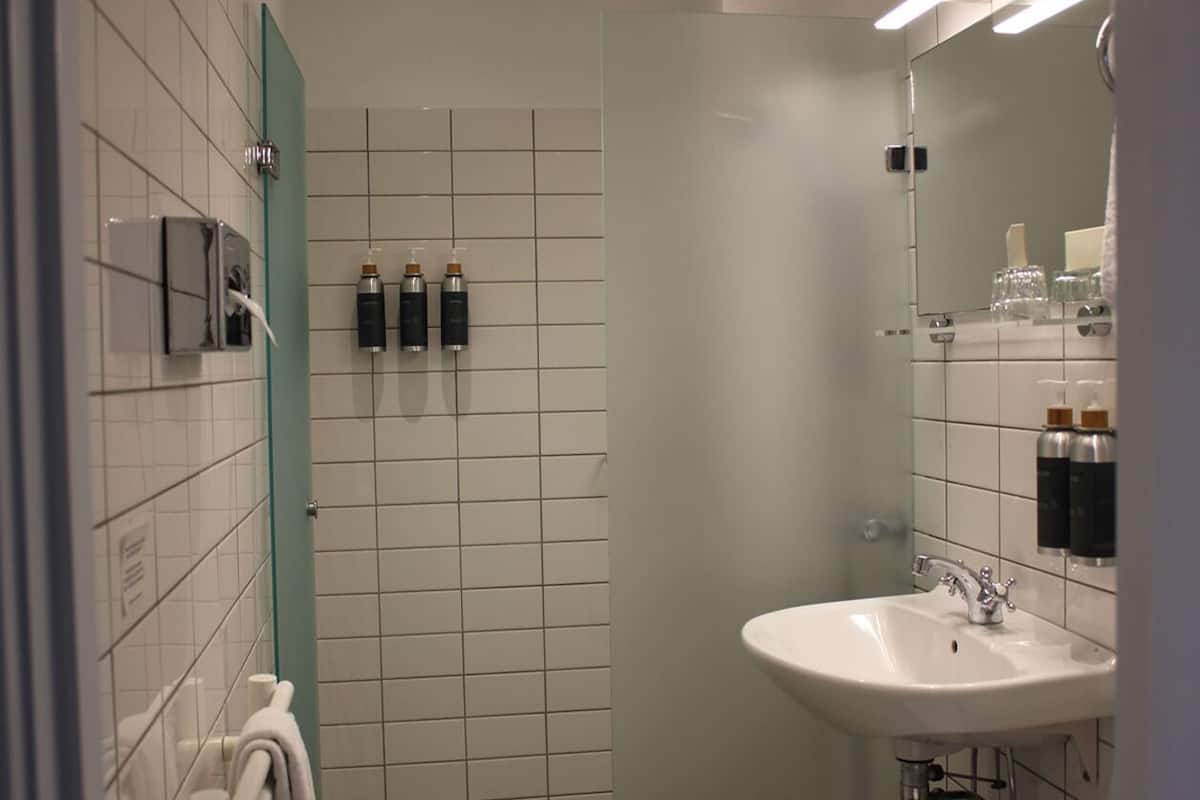 shower, designer toiletries, hair dryer, towels