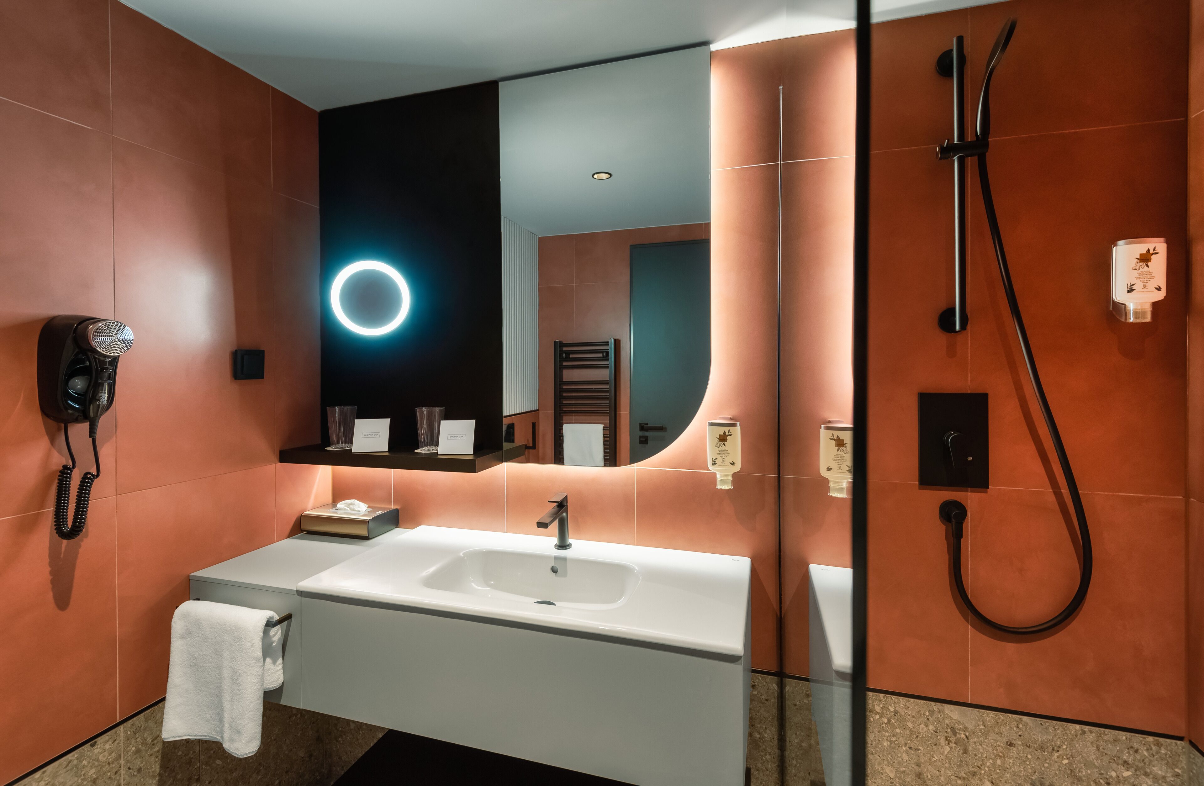 A modern bathroom with a white sink, a handheld showerhead, and a towel hanging on the wall.