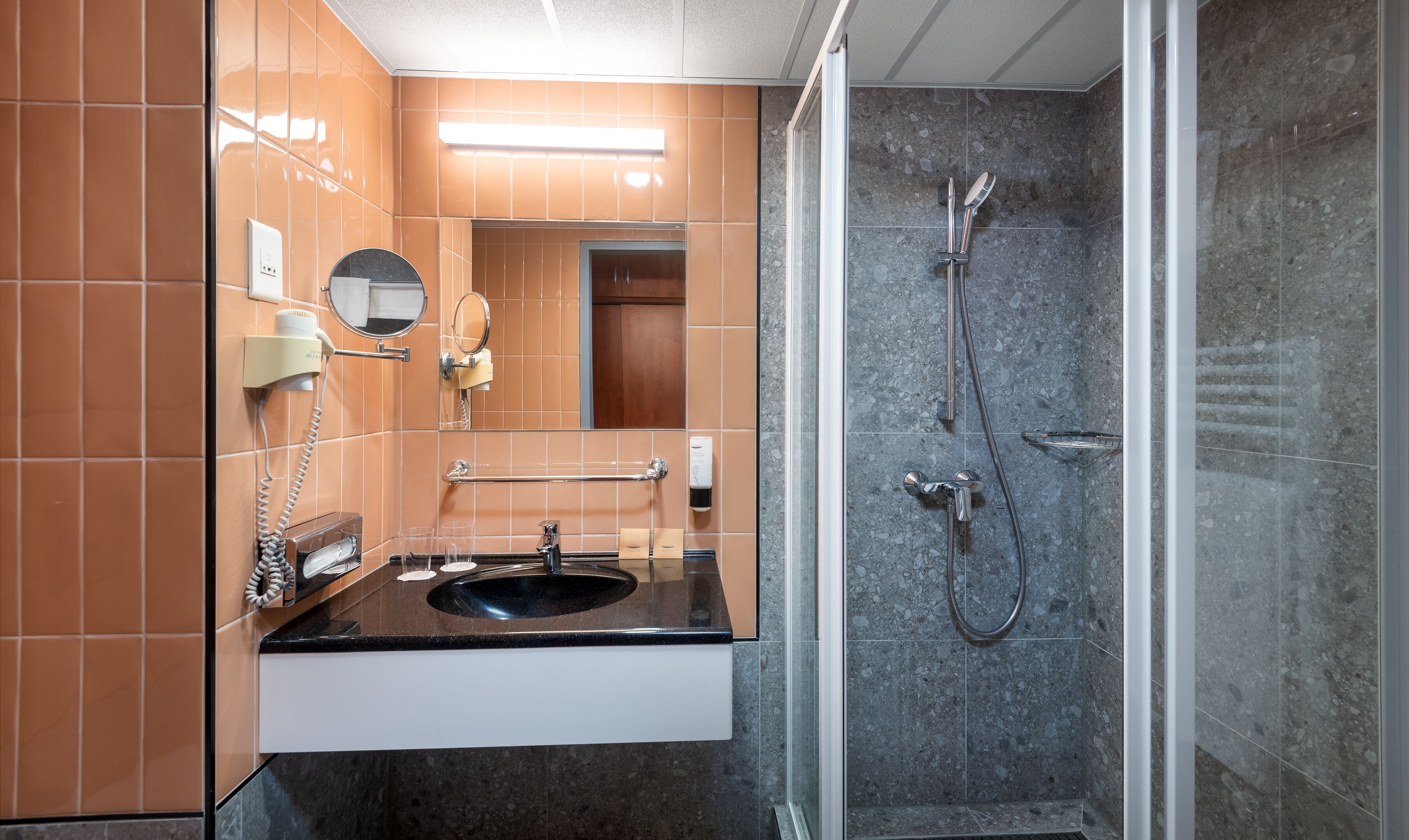 A bathroom with a black sink, a mirror, a hairdryer, a towel rack, and a shower with a handheld showerhead.