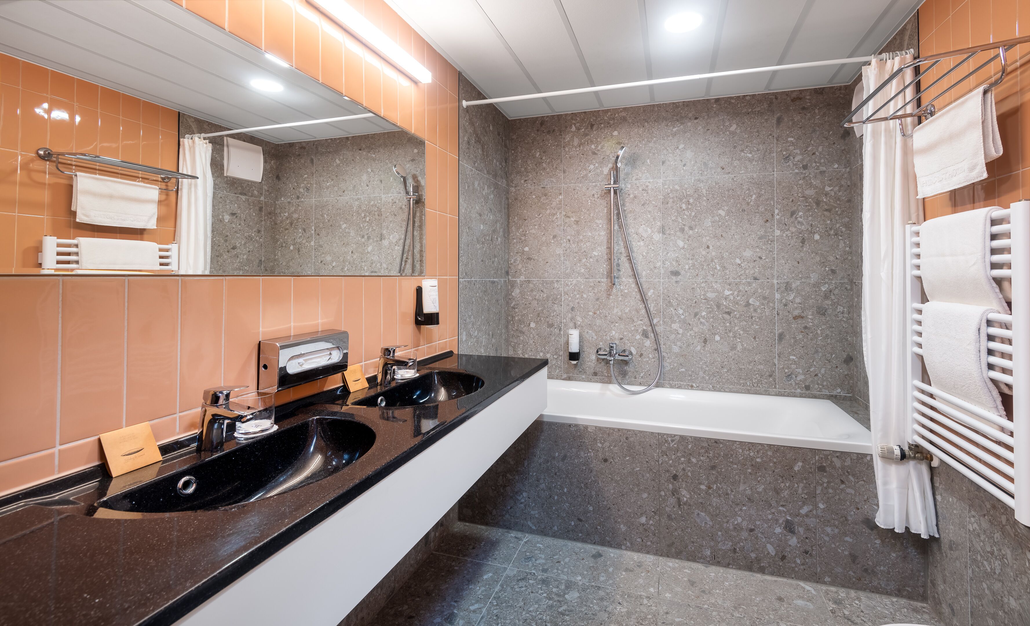 Een moderne badkamer met twee wastafels, een bad en een douche.