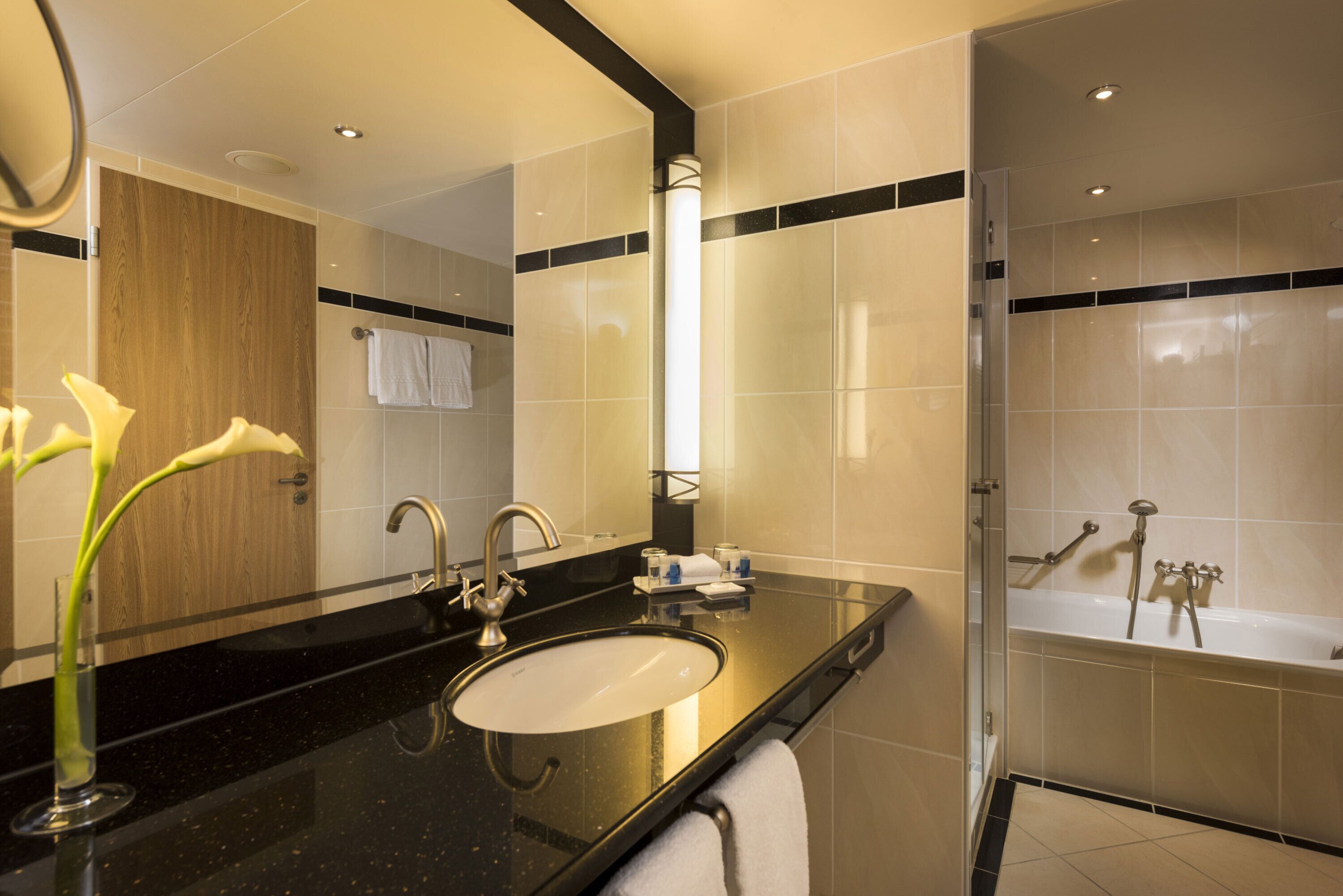 combined shower/bathtub, hair dryer, bidet, towels