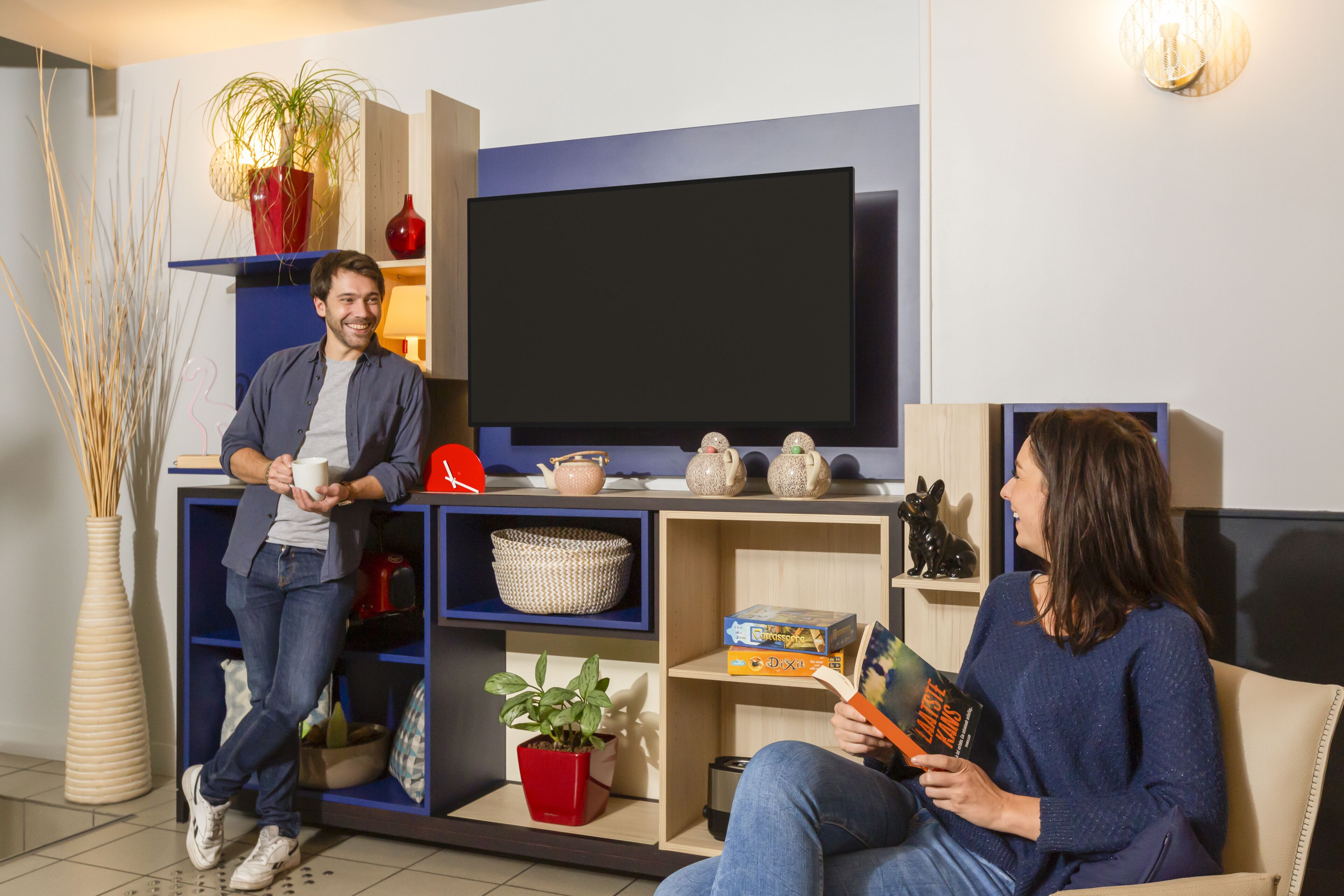 Een woonkamer met een flatscreen televisie, een boekenplank, een potplant en een salontafel.