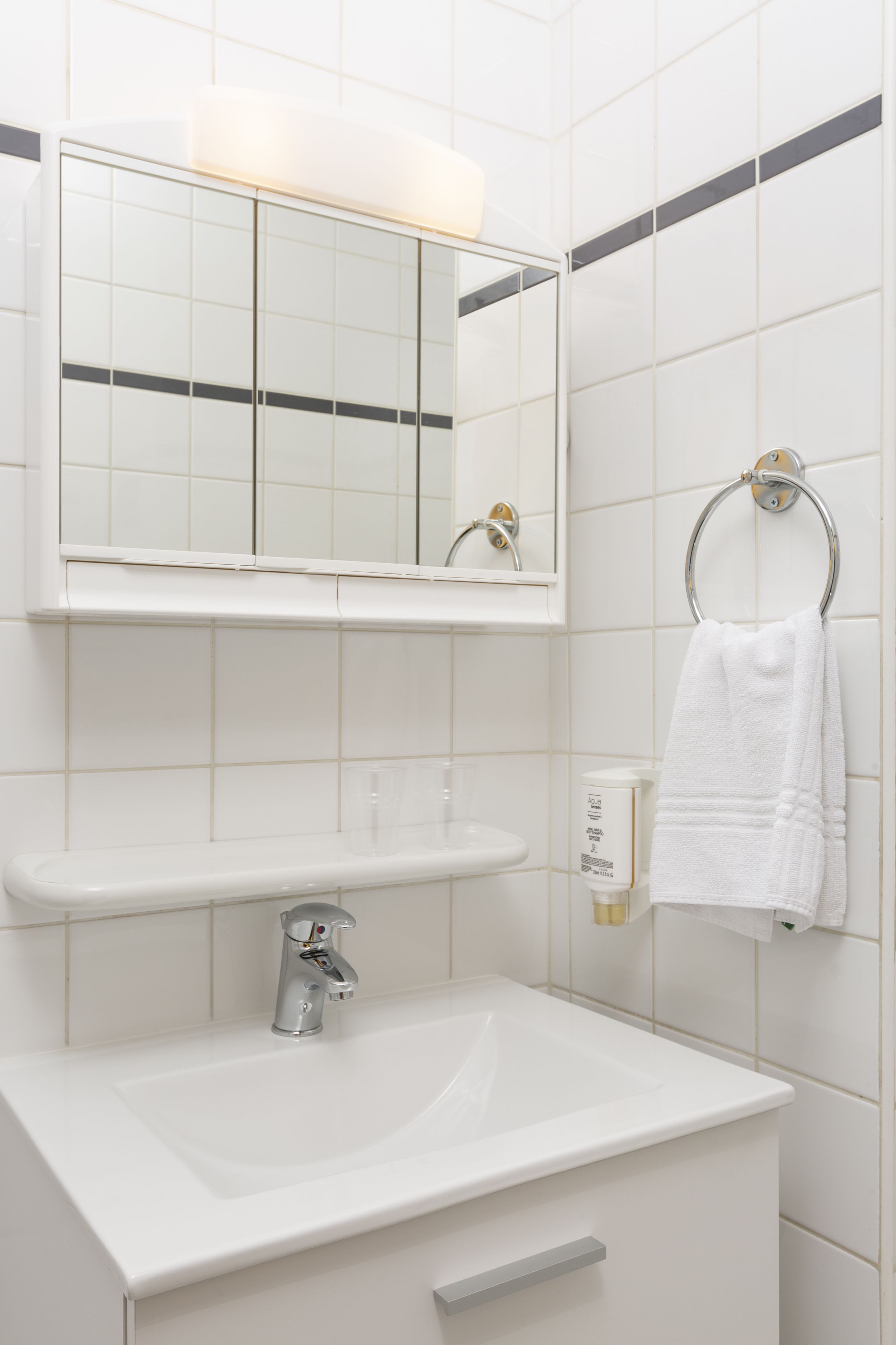 A bathroom with a white sink, a mirror, and a towel ring.